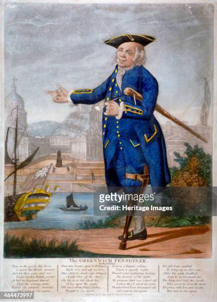 Greenwich Pensioner, c1800. The man, with a wooden leg and a crutch under one arm, points to the Greenwich Hospital across the River Thames.