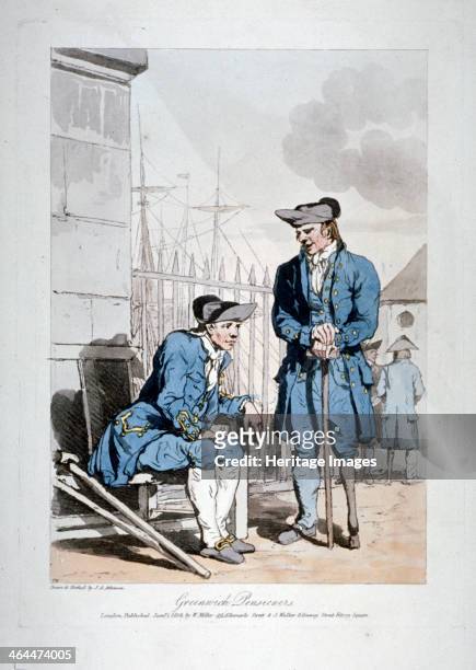 'Greenwich Pensioners', 1808. Two figures, one seated and the other standing.