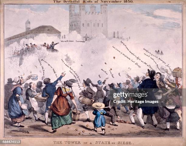 Tower of London under siege during the riots of November 1830. A mob of men, women and children armed with pea shooters, bad eggs, rotten fruit and...