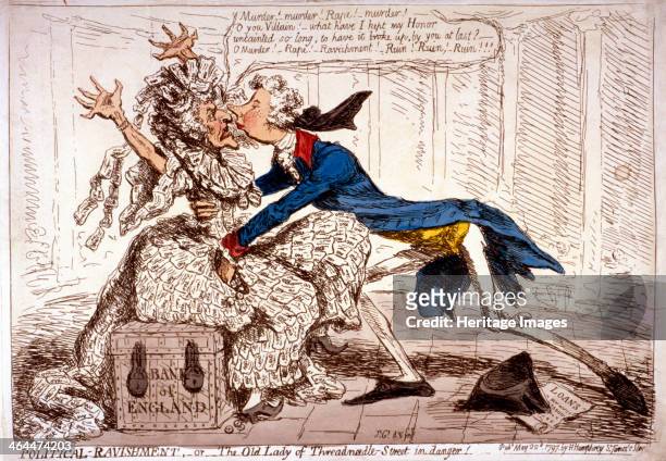 'Political ravishment, or the Old Lady of Threadneedle-Street in danger!', 1797; showing a thin old woman dressed in one-pound notes, throwing up her...
