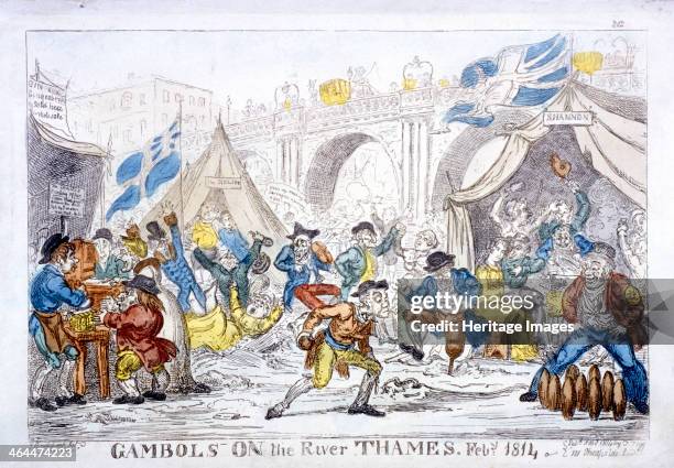 'Gambols on the River Thames, Feby, 1814', shows a frost fair in the region of Blackfriars Bridge, London. To the right a waterman watches another...