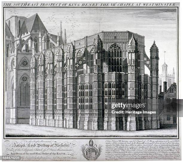 South-east view of King Henry VII's chapel at Westminster Abbey, London, 1739. The lower margin contains text.
