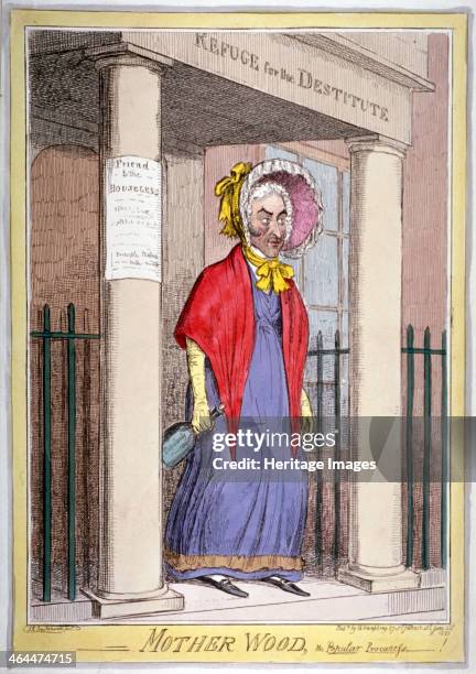 'Mother Wood, the popular procuress!', 1820. Alderman Wood, dressed as an elderly woman, stands in the porch of his house in South Audley Street...