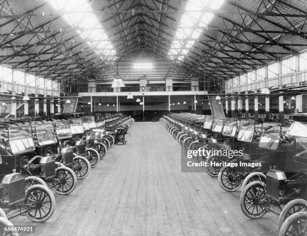 The Ford factory, Manchester, c1911. Lines of Model Ts, off the production line.