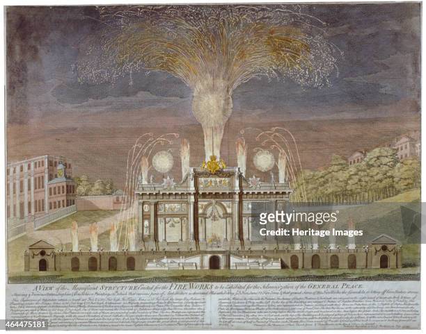 Fireworks in Green Park, Westminster, London, 1749. A fireworks display, with music specially composed by Handel, was held to celebrate the end of...