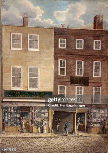 View of Paine and Simpon's comb makers shop, an alley way to the Ship Inn Yard and a fancy goods shop on Borough High Street, London, 1830.