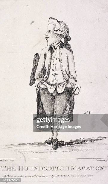 'The Houndsditch Macaroni', 1772; a man, dressed in the mode of the macaronies, stands with hands in pockets and tongue sticking out. A macaroni was...