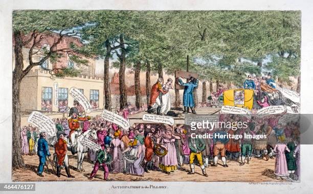 'Anticipations for the Pillory', 1813. A pillory stands on a scaffold in Chesterfield Walk outside Montague House, Blackheath, residence of the...