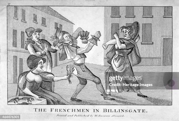 'The Frenchmen in Billinsgate', 1754. A street scene; a Frenchman, his fists doubled, recoils from a fishwife who is in a fighting attitude; another...