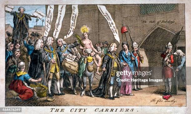 'The City carriers', 1769. A procession consisting of City officials approaches the entrance to St James's Palace in order to present the Petition of...