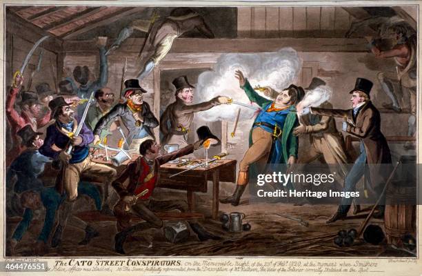 'The Cato Street conspirators...', 1820. Three Bow Street officers have entered the loft above the stable; the foremost, Richard Smithers, is stabbed...