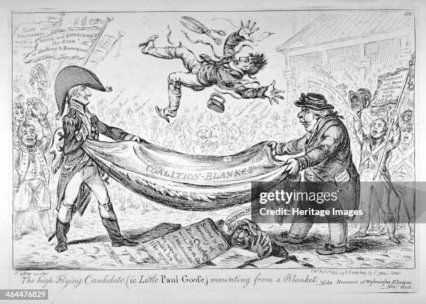 'The high-flying candidate, , mounting from a blanket', 1806. View of the hustings in Covent Garden showing Sir Samuel Hood and Richard Sheridan...