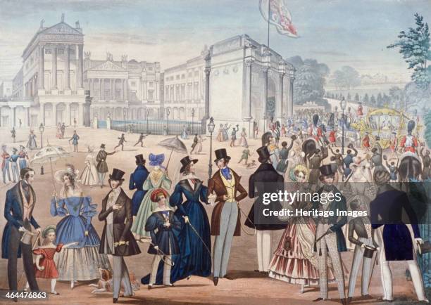 Buckingham Palace, London, 1839. View showing Queen Victoria returning from the House of Lords in the right hand middle distance, the front of...