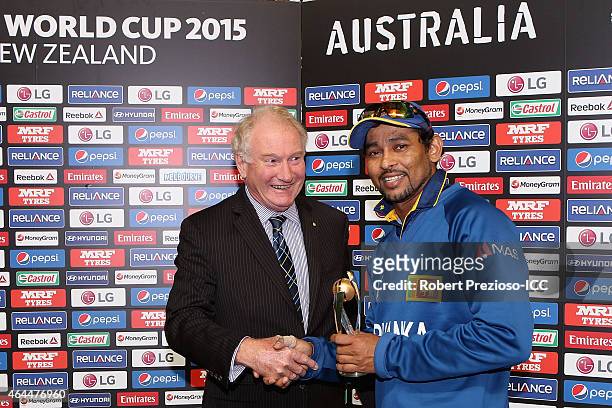 Tillakaratne Dilshan of Sri Lanka is awarded player of the match during the 2015 ICC Cricket World Cup match between Sri Lanka and Bangladesh at...