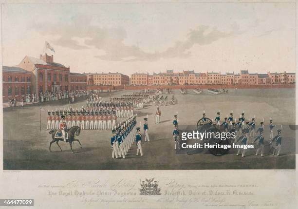 Scene of Honourable Artillery Company passing in review before Prince Augustus Frederick, Duke of Sussex, at the Artillery Ground, City Road,...