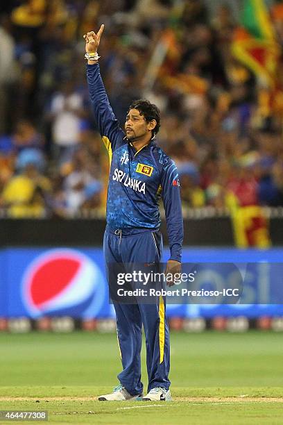 Tillakaratne Dilshan of Sril Lanka celebrates after taking the wicket of Mashrafe Mortaza of Bangladesh during the 2015 ICC Cricket World Cup match...