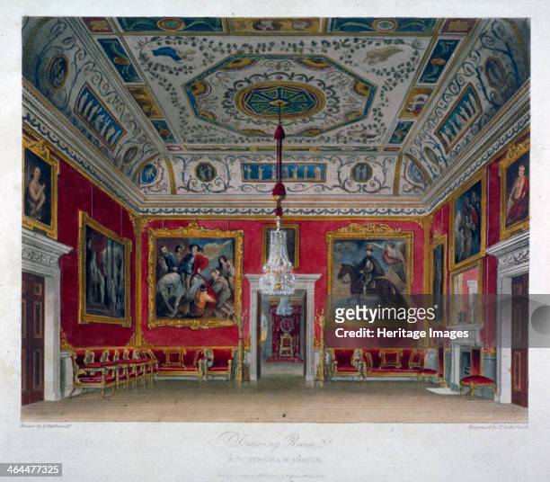 Interior view of the drawing room in Buckingham House, Westminster, London, 1817. Buckingham House was reconstructed as Buckingham Palace in the...
