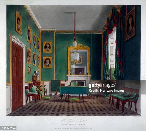 Interior view of the green closet in Buckingham House, Westminster, London, 1819. Buckingham House was reconstructed as Buckingham Palace in the...