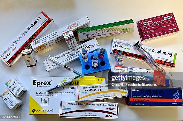 Different drugs are displayed which may be used when doping with EPO on February 25, 2015 in Chatenay, France.