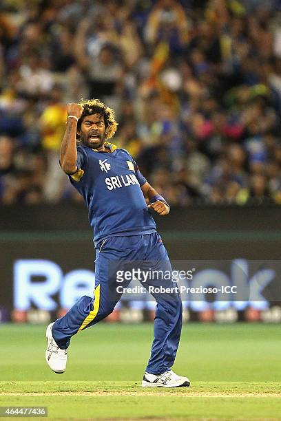 Lasith Malinga of Sril Lanka celebrates after taking the wicket of Taskin Ahmed of Bangladesh during the 2015 ICC Cricket World Cup match between Sri...