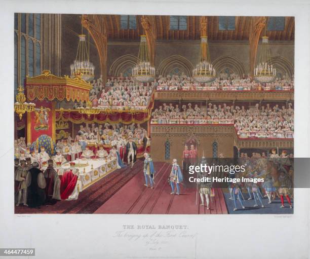 Coronation banquet of King George IV, Westminster Hall, London, 1821 . 'The Royal Banquet. The bringing up of the First Course'.