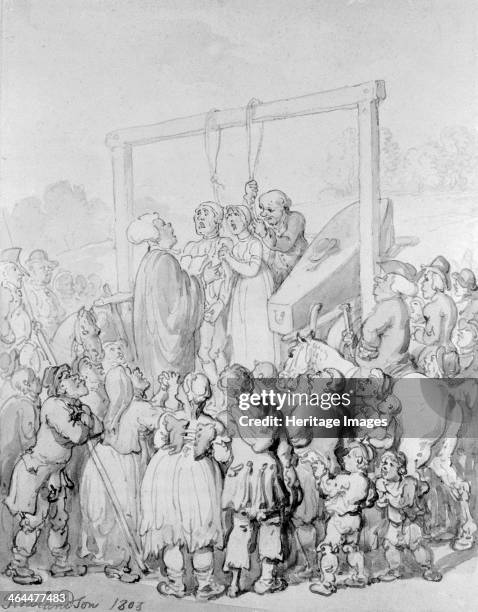 Execution at Tyburn, London, 1803. A frightened man and woman stand in the gallows with nooses round their necks, with a coffin ready next to them. A...