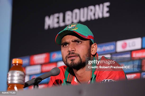 Mashrafe Mortaza of Bangladesh speaks to media during the 2015 ICC Cricket World Cup match between Sri Lanka and Bangladesh at Melbourne Cricket...