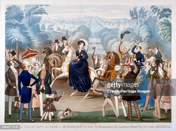 'Summer Fashions for 1838', c1838. Fashions for the summer season displayed on figures in Windsor Great Park, Berkshire. In the centre Queen Victoria...