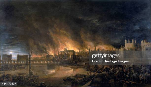 'The Great Fire of London, 1666', . Scene depicting the fire as it would have appeared between eight and nine o'clock on the evening of Tuesday 4th...