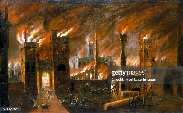 'The Great Fire of London, 1666', . View looking towards the west facade of old St Paul's Cathedral, seen from Blackfriars, slightly south of...