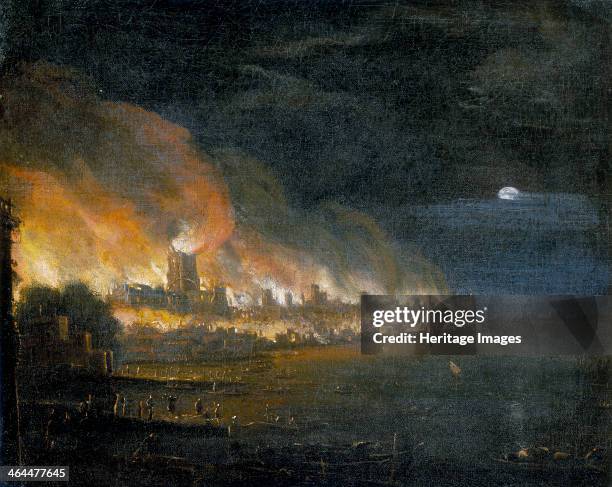 'The Great Fire of London, 1666', . As is usual in paintings of the Great Fire the flaming St Paul's Cathedral dominates the scene. The view is taken...