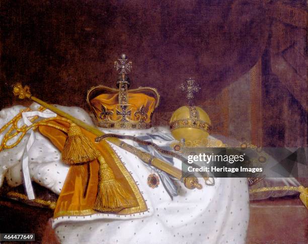 'Regalia of Charles II', 1670s. 'Still life' showing the Crown of State, the Royal Sceptre with its finial cross, the orb, the Garter, the Garter...