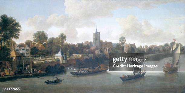 'Chiswick from the River', c1675. The Thames waterfront at Chiswick when it was still a village on the outskirts of London. From left to right are:...