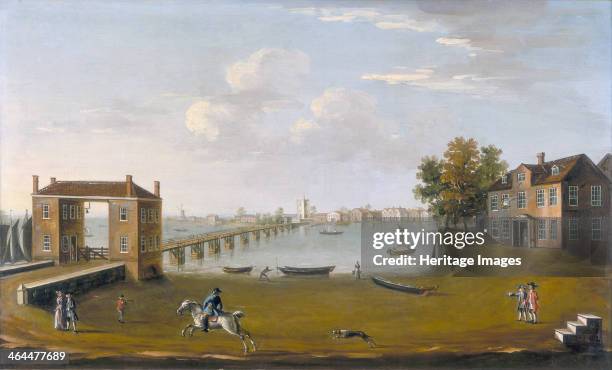 'Putney Bridge and Village from Fulham', c1750. The earliest painted picture of the the wooden bridge built by Thomas Phillips, carpenter to King...
