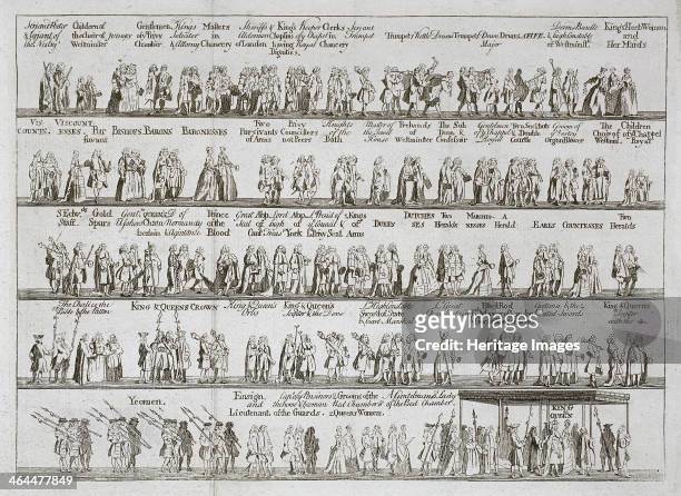 The coronation procession of King George II, October 1727, . The various members of the royal procession are shown in five strips with text...