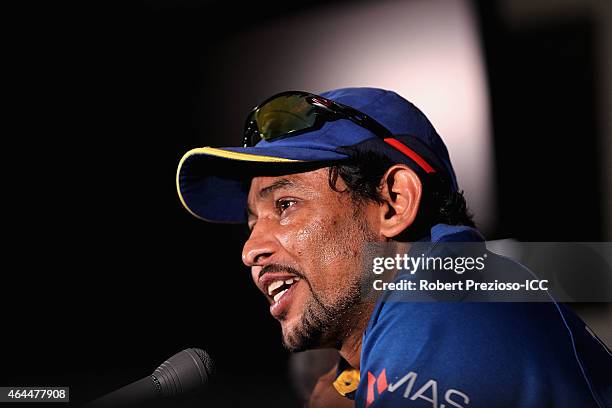 Tillakaratne Dilshan of Sri Lanka speaks to media during the 2015 ICC Cricket World Cup match between Sri Lanka and Bangladesh at Melbourne Cricket...