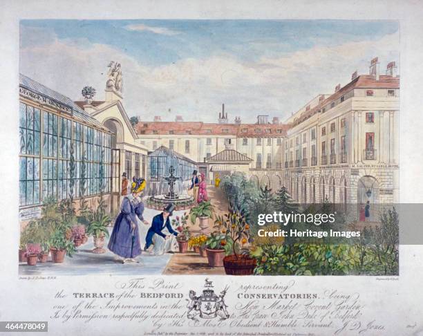 Bedford Conservatories' terrace at Covent Garden Market, Westminster, London, 1831. View with figures on the terrace filled with plants, including a...