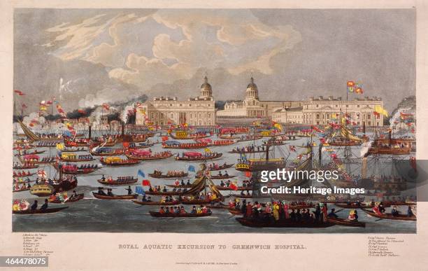 'Royal Aquatic Excursion to Greenwich Hospital', 1838. The River Thames is crowded with colourful barges and steamboats, with the Royal Naval...