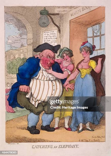 'Catching an elephant', 1812. Two prostitutes encourage a hugely obese man towards the door of the Royal Bagnio in Bagnio Court, later known as Roman...