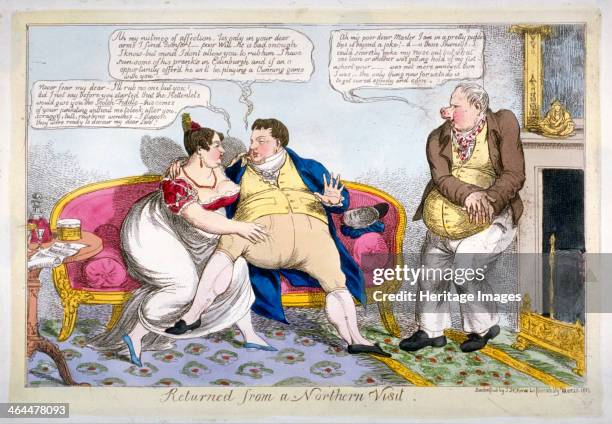 'Returned from a Northern Visit', 1823. King George IV lolling on a sofa, his arm round Lady Conyngham who is rubbing his thigh; Sir William Curtis...