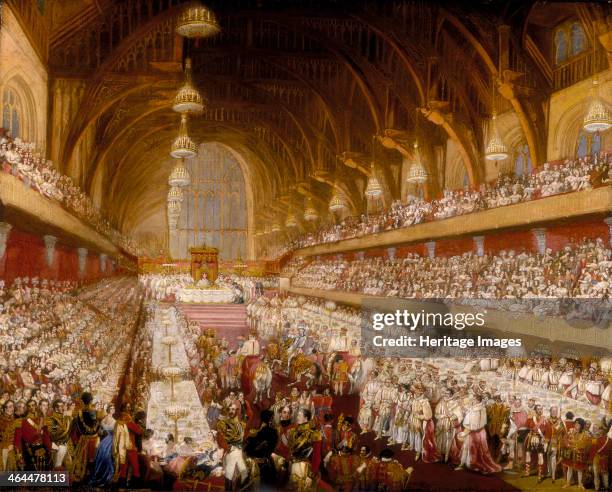 'The Coronation Banquet of King George IV in Westminster Hall', 1821. The two rows of tables on either side of the Hall were occupied by peers. The...