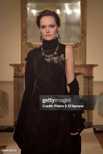 Model walks the runway at the Les Copains show during the Milan Fashion Week Autumn/Winter 2015 on February 26, 2015 in Milan, Italy.