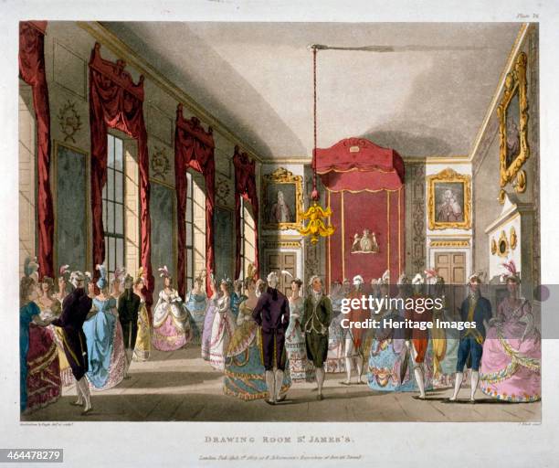 The drawing room in St James's Palace, Westminster, London, 1809. Showing fashionably dressed figures talking in groups.