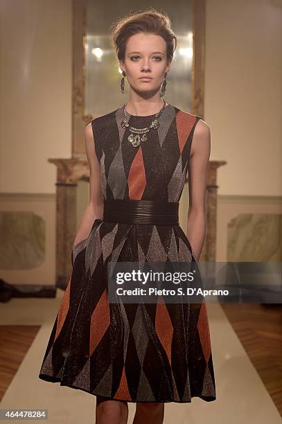 Model walks the runway at the Les Copains show during the Milan Fashion Week Autumn/Winter 2015 on February 26, 2015 in Milan, Italy.