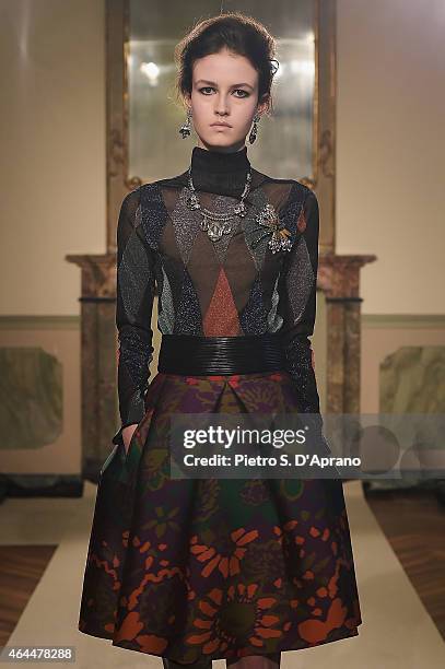 Model walks the runway at the Les Copains show during the Milan Fashion Week Autumn/Winter 2015 on February 26, 2015 in Milan, Italy.