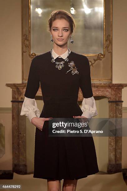 Model walks the runway at the Les Copains show during the Milan Fashion Week Autumn/Winter 2015 on February 26, 2015 in Milan, Italy.