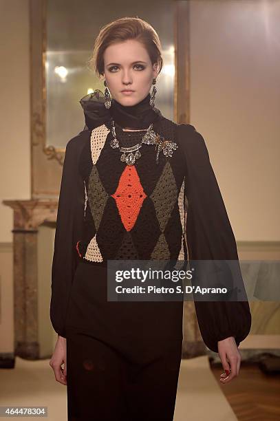 Model walks the runway at the Les Copains show during the Milan Fashion Week Autumn/Winter 2015 on February 26, 2015 in Milan, Italy.