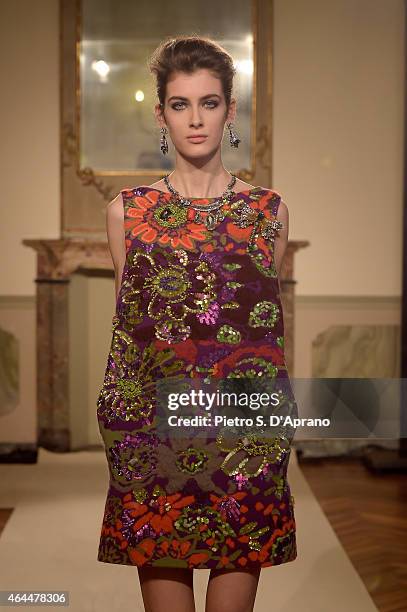 Model walks the runway at the Les Copains show during the Milan Fashion Week Autumn/Winter 2015 on February 26, 2015 in Milan, Italy.