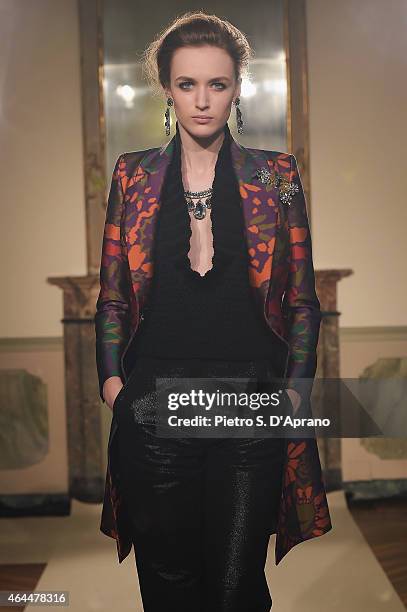 Model walks the runway at the Les Copains show during the Milan Fashion Week Autumn/Winter 2015 on February 26, 2015 in Milan, Italy.