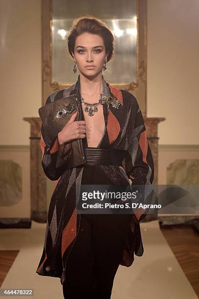 Model walks the runway at the Les Copains show during the Milan Fashion Week Autumn/Winter 2015 on February 26, 2015 in Milan, Italy.